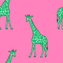 Seamless repeat pattern with half-drop bright lime green giraffe on a hot pink background with space