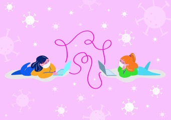 Girls with masks connected through Internet in times of Corona virus COVID19