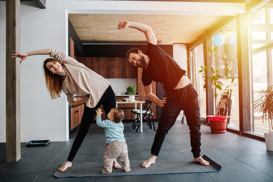 The family practices yoga, family life in isolation at home