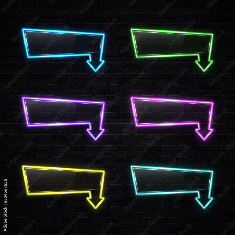 Poster neon light rectangle arrow pointer set on black brick background. color arrows symbol. glowing illum