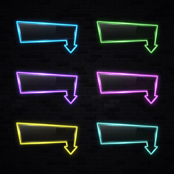 Neon light rectangle arrow pointer set on black brick background. Color arrows symbol. Glowing illuminated led lamp tube frame with plastic plate for bar cafe store design. Bright vector illustration.