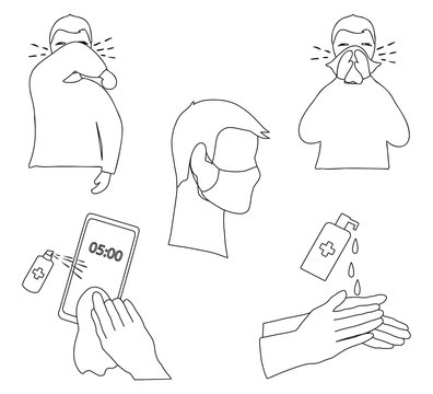 Set of icons of coronavirus epidemic prevention measure. Using sanitizer for hands and phone, man coughs in elbow and scarf. Vector outline illustration.