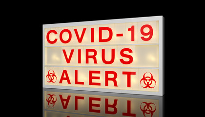 3d rendering of a LED lightbox with text covid-19 virus alert