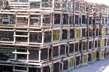 Lobster traps stacked 5 high