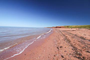 A scenic look at the red sand beach and coastline of Prince Edward Island, Canada
