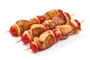 Grilled Shish kebab. Skewers with pieces of roasted barbecue, isolated on white background