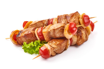 Grilled Shish kebab. Skewers with pieces of roasted barbecue, isolated on white background