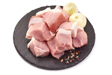 Raw meat pieces, ingredients for kebab, isolated on white background