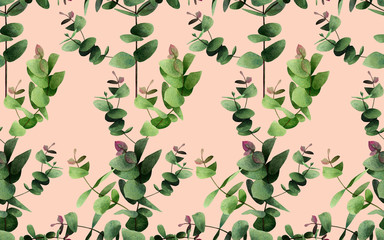 Watercolor painting  eucalyptus branches leaves on pink.Green leaf seamless pattern background.Watercolor illustration tropical exotic aroma leaf prints for wallpaper,textile aloha spring summer. © nongnuch_l