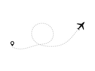 Airplane line path vector icon illustration of air plane flight route with start point and line trace isolated on white background