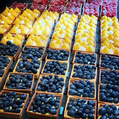 Rows of fresh fruit pastries with blueberry, lemon and raspberry 