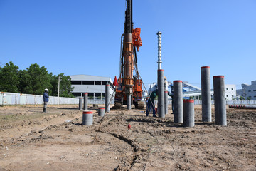 diesel hammer pile driving machine working on construction field