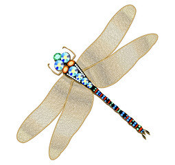 Illustration of a dragonfly brooch made of gold with precious stones