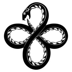 Black and white coiled serpent ouroboros