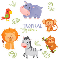 Color set cute tropical animals isolated background. The picture shows a parrot, a hippo, a monkey, a sloth, a zebra, a lion. Stylized inscription and sketch of tree leaves © EnyaLis