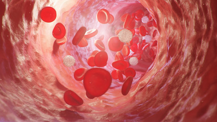 Red blood cells inside an artery, vein. Flow of blood inside a living organism. Scientific and medical concept. Transfer of important elements in the blood to protect the body. 3d illustration - obrazy, fototapety, plakaty