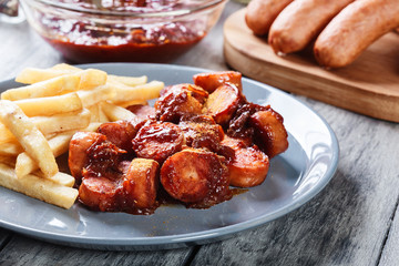 Traditional German currywurst - pieces of sausage with curry sauce