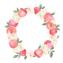 Watercolor hand draw wreath with peach and elegante flowers, isolated on white background