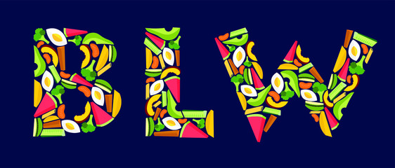 Baby-led weaning abbreviation poster, banner, print. BLW letters consisting of finger foods for weaning. Flat illustration of bites for self-feeding. Vector illustration.