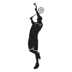 Badminton player with racket and shuttlecock, black silhouette, vector illustration