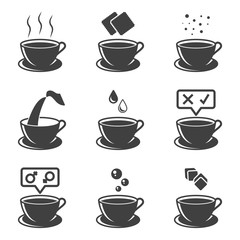 Obraz premium Set of cup icons with tea or coffee. Various options for joint consumption and dessert options to them. Cookies, creams, ingredients, and more. Isolated vector on a white background.