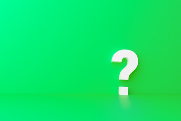 White question mark on a green background. 3D render of the volumetric sign of the wall and floor with reflection. With space for copyspace test.