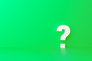 White question mark on a green background. 3D render of the volumetric sign of the wall and floor...