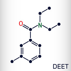 DEET, diethyltoluamide, N,N-Diethyl-meta-toluamide C12H17NO  molecule. It is active ingredient in insect repellents. Structural chemical formula
