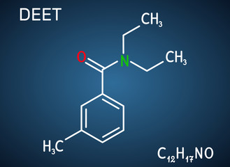 DEET, diethyltoluamide, N,N-Diethyl-meta-toluamide, C12H17NO  molecule. It is active ingredient in insect repellents. Structural chemical formula on the dark blue background