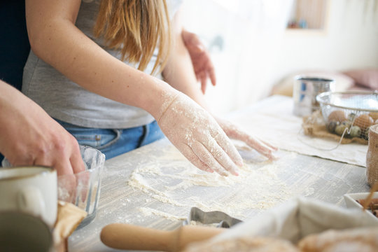 Women's And Men's Hands Mix Wheat Flour. Baker's Hand Closeup.couple Together Cooking Pizza, Bread