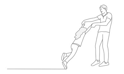 Dad plays with daughter, family time.  Line drawing vector illustration. 