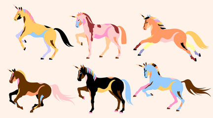 Isolated colorful unicorns. Trendy design for web and print. Beautiful magic horses. Children illustration pony. Running unicorns. Hand drawn vector design for web and print.