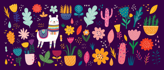 Beautiful flower collection with flowers, llama,  leaves. Modern colorful vector pattern  © moleskostudio