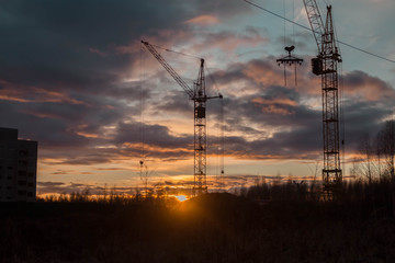 Cranes on the background of the sunset. House construction.