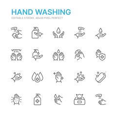 Collection of hand washing related line icons. 48x48 Pixel Perfect. Editable stroke