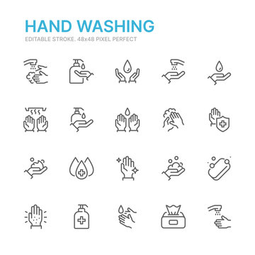 Collection of hand washing related line icons. 48x48 Pixel Perfect. Editable stroke