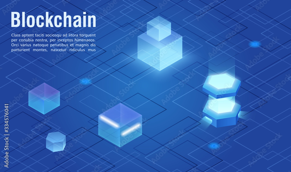 Poster Modern virtual digital technology blockchain abstract isometric vector illustration concept, banner, web. Geometry shapes and lines in blue light. Distributed database resists to data modification