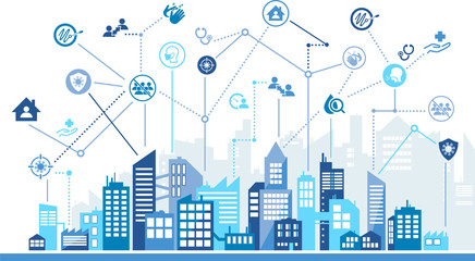 Fototapeta premium Quarantine and social distancing vector illustration. Concept with urban city background and connected icons related to isolation or home office during the corona virus outbreak.