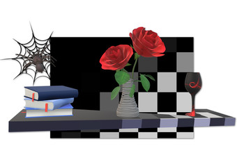 Wandregal, Regal, Board, Bücher, Vase mit Rosen, Weinglas
