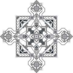 Geometric symmetrical pattern with different black shapes on white background