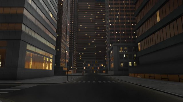 Long dolly 3d shot of an empty dark city street at night 1