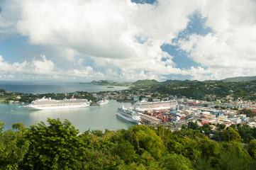 Aerial view of caribbean island city and port