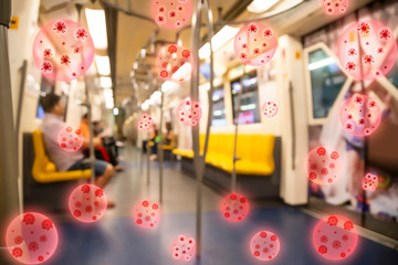 Social distancing passenger seat in BTS sky train. Keeping distance to protect from COVID-19 corona virus diseases. Idea for COVID-19 outbreak and prevention in public transportation.