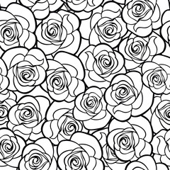 Vector seamless black and white pattern with roses contours.
