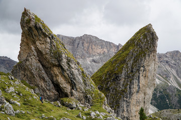 Beautiful view: The distinctive Pieralongia rocks in Puez Odles Naturepark near Seceda / Gardena Valley / Dolomites / South Tyrol / Italy