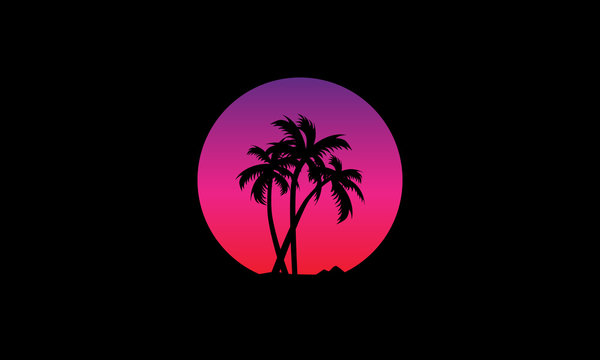 Silhouette of three palm trees on an island against a sky with a gradient of purple, pink and red representing sunset or sunrise. Vector is in a cutout circle isolated against a black background.