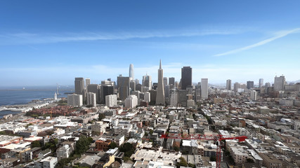 Panorama of San Francisco with skyscrapers under a blue sky from Coit Tower 