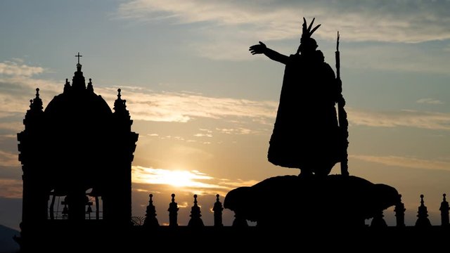 Inca King Pachacutec on Fountain at Plaza de Armas Square, Time Lapse at Sunrise, Cusco, Peru
