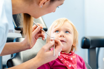Obraz na płótnie Canvas Dentist explaining treatment to a child using a plush toy