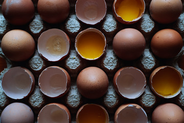Many raw broken chicken eggs in a box healthy food 